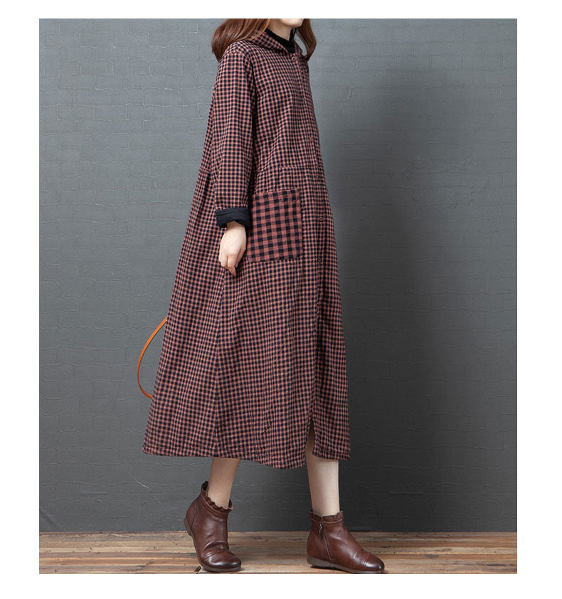 Loose Splicing Hooded Plaid Midi Dress