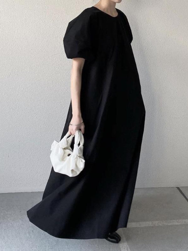 Loose Solid Color Bubble Sleeve Maxi Dress