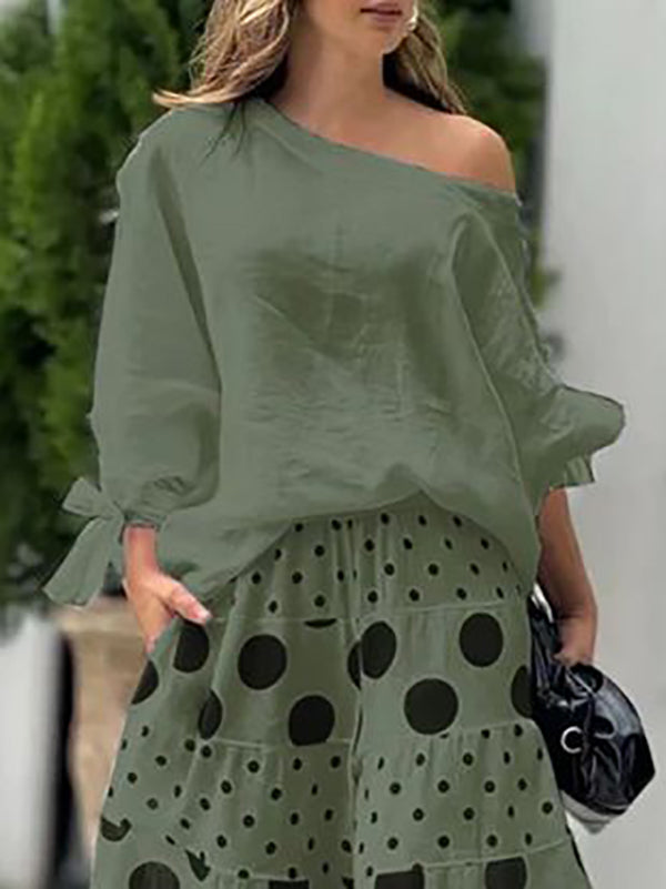 Long Sleeves Loose Asymmetric Solid Color Tied One-Shoulder Blouses&Shirts Tops