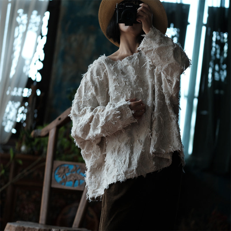 Versatile Cotton Linen Tassel Long Sleeve Blouse