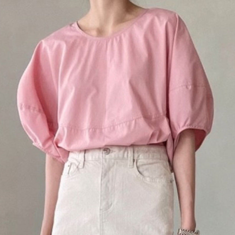 Elegant Round Neck Solid Color Loose Lantern Sleeve Shirt