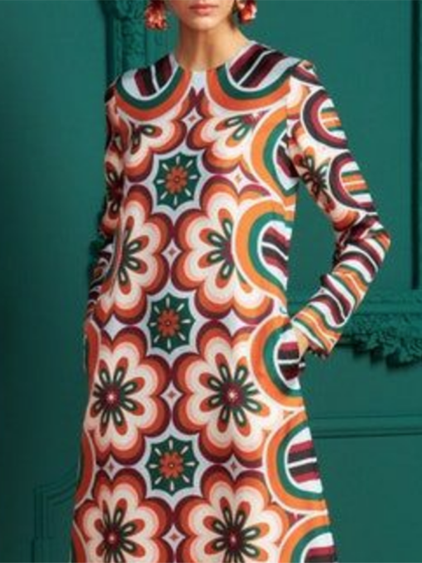Long Sleeves Contrast Color Flower Print Round-Neck Midi Dresses