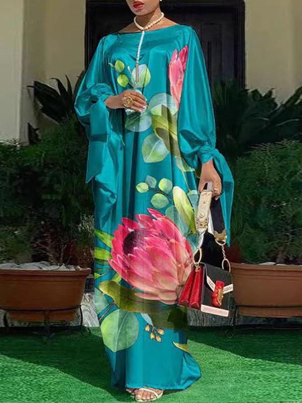 Batwing Sleeves Loose Flower Print Tied Round-Neck Maxi Dresses