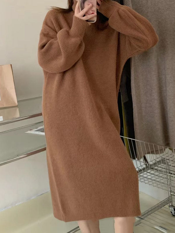 Long Sleeves Loose Solid Color High Neck Midi Dresses Sweater Dresses