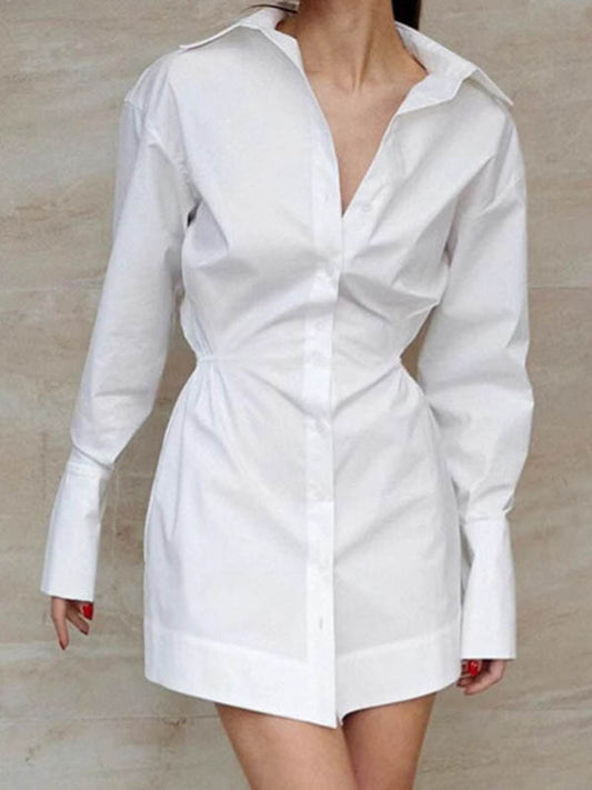 High Waisted Long Sleeves Buttoned Pleated Solid Color Lapel Mini Dresses Shirt Dress