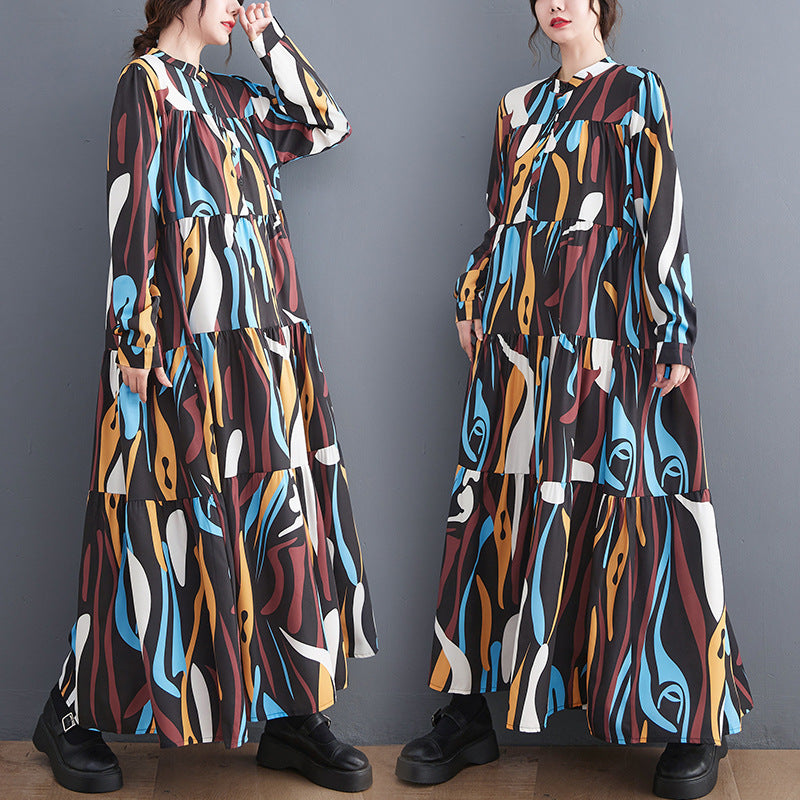 Loose Print Pleated Round Neck Midi Dress