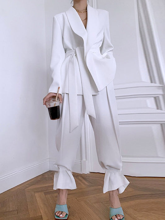 Column Long Sleeves Solid Color Lapel Blazer Pants Set Two Pieces Set