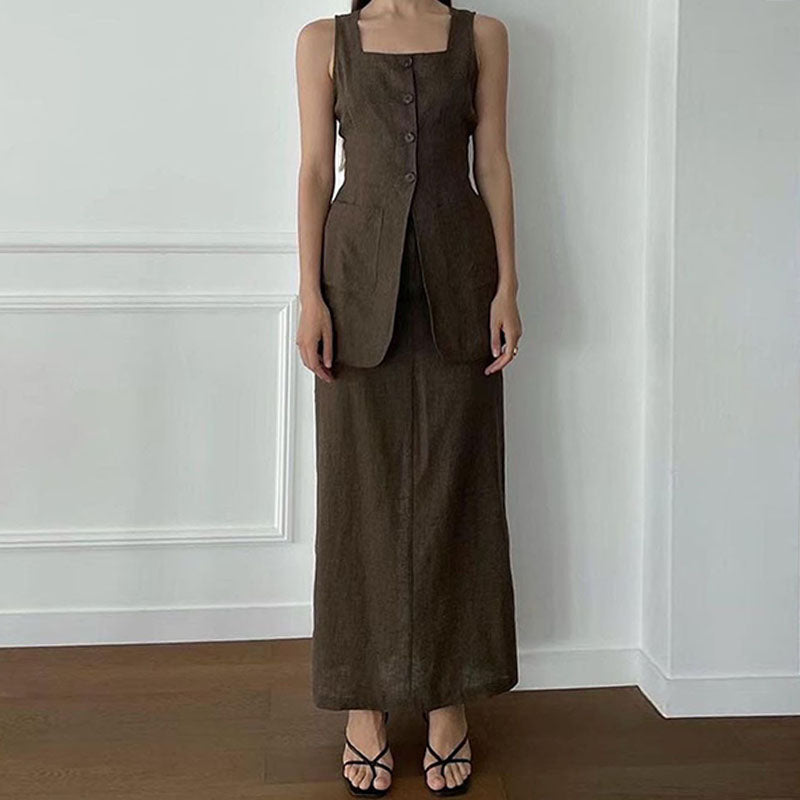 Casual Cotton Vest Skirt Suit