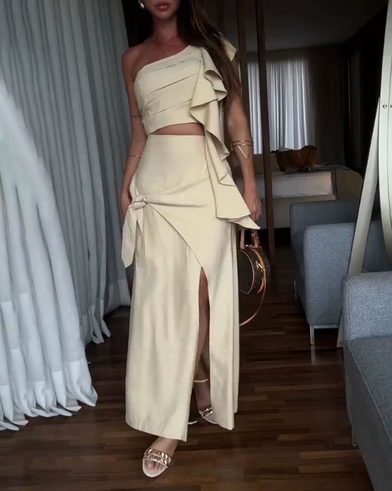 Fashion Ruffled One-Shoulder Top & Skirt Two-Piece Set