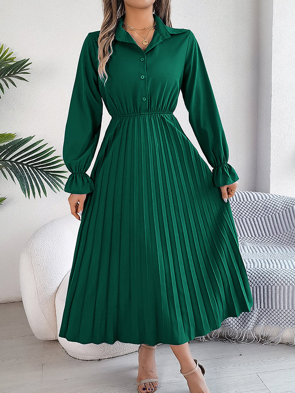 A-Line Flared Sleeves Buttoned Elasticity Pleated Solid Color Lapel Maxi Dresses