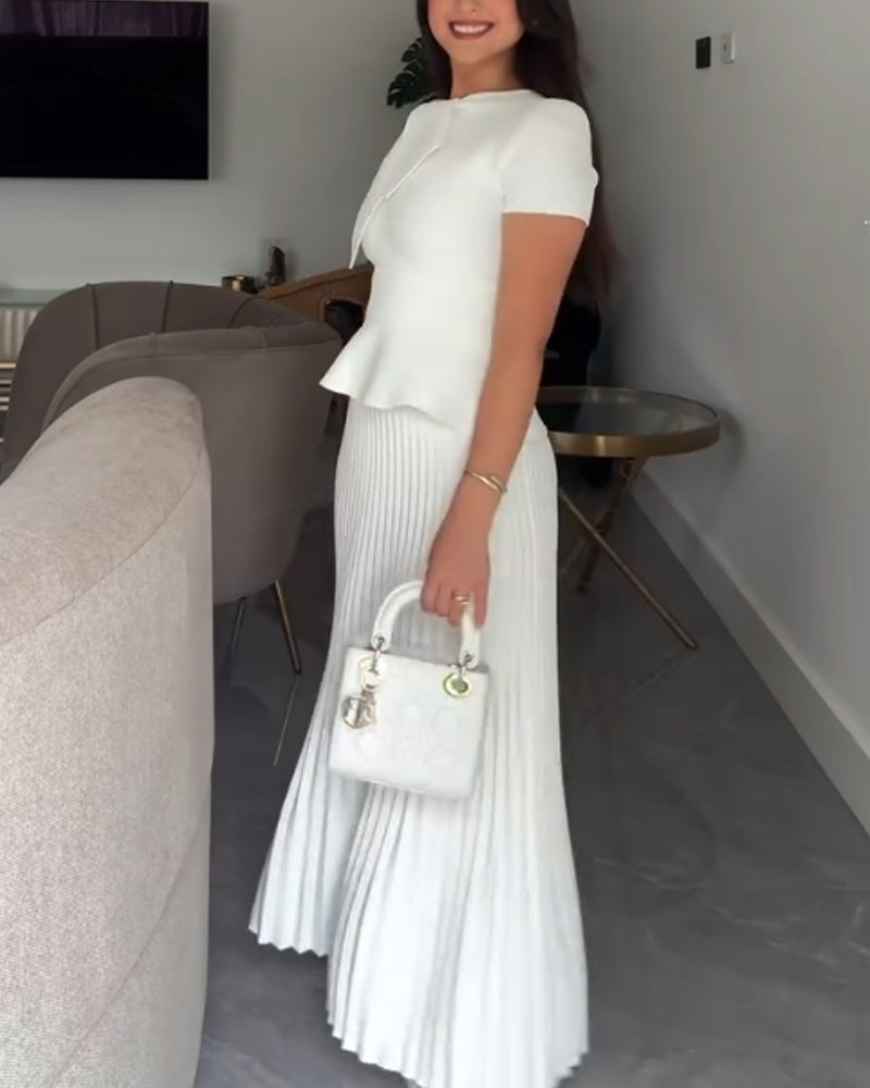 Elegant Lace-Up Top & Pleated Skirt Two-Piece Set