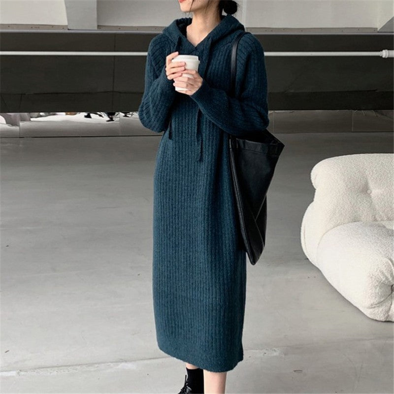 Simple Solid Color Hooded Sweater Dress