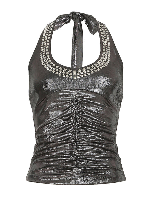 Skinny Sleeveless Backless Pleated Rhine Stones Tied Halter-Neck Vest Top