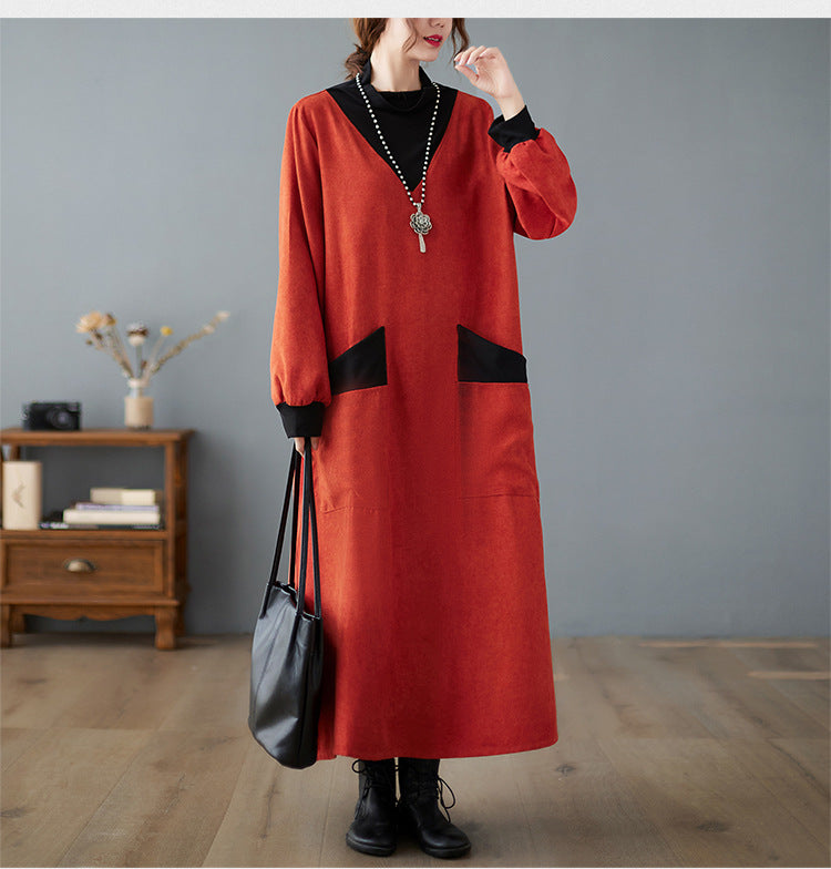 Literary Splicing Knit High Collar Midi Dress