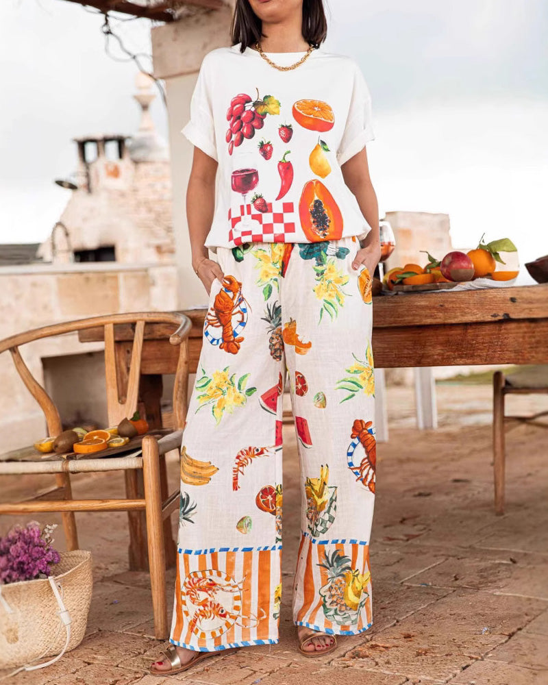 Vacation Graffiti Print T-Shirt Straight Leg Pants Suit