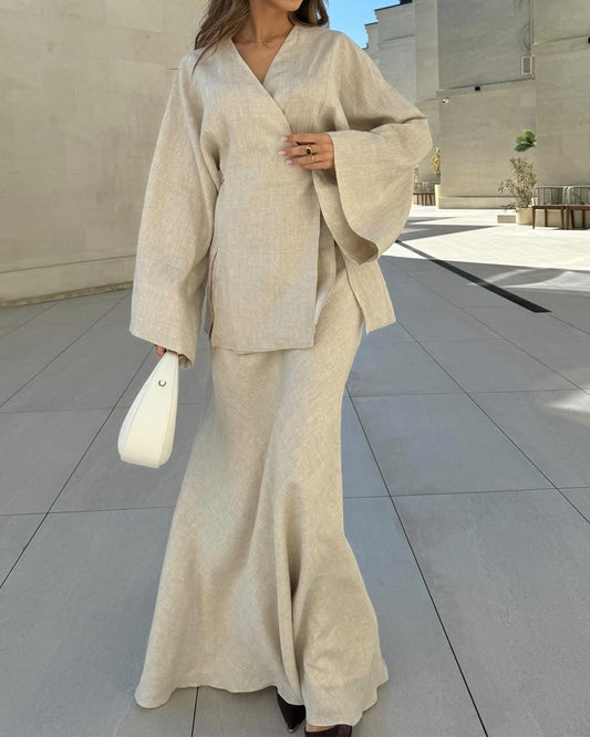 Casual V-Neck Split Shirt & Skirt Two-Piece Set