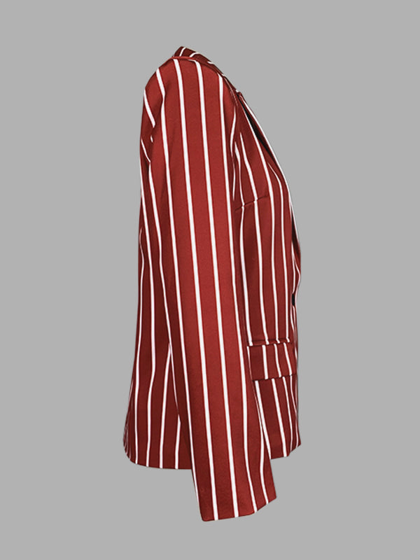 Long Sleeves Loose Striped Notched Collar Blazer Outerwear