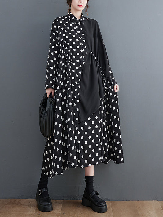 Literary Polka Dot Print Splicing Midi Dress