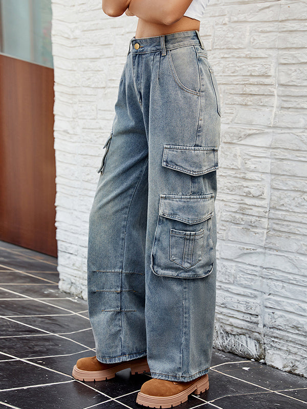 Loose Pleated Pockets Split-Joint Jean Pants Bottoms