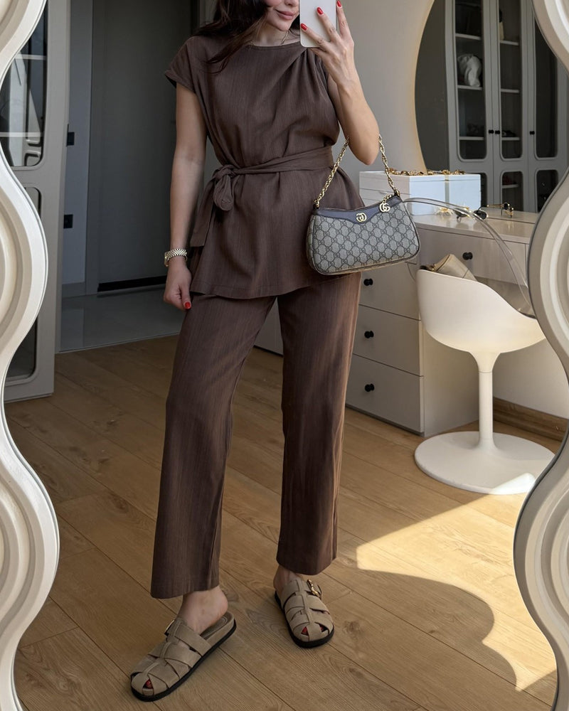 Solid Color Design One-Sleeve Top & Pants Two-Piece Set