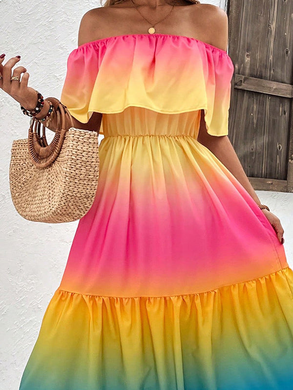 A-Line Loose Contrast Color Elasticity Off-The-Shoulder Midi Dresses