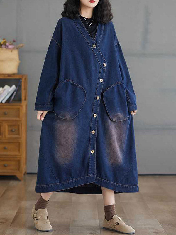 High-Low Long Sleeves Asymmetric Buttoned Pockets Split-Joint V-Neck Outerwear