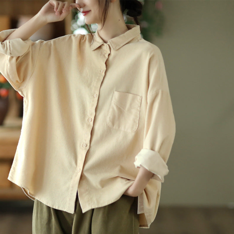Simple Solid Color Long Sleeve Corduroy Shirt