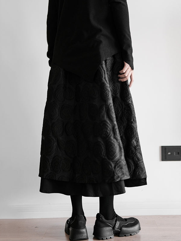 A-Line Loose Double Layered Elasticity Jacquard Solid Color Split-Joint Skirts Bottoms