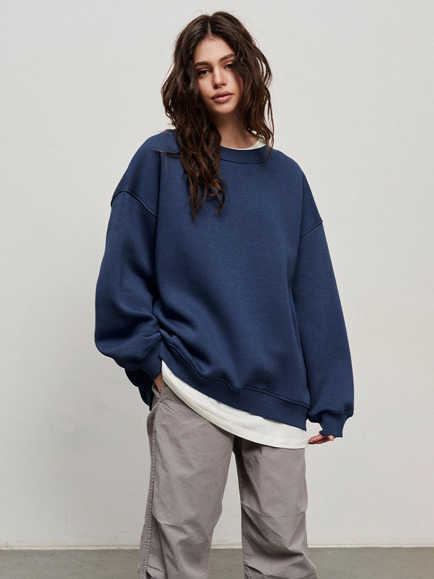 Round neck loose sweatshirt women's autumn winter Street solid color Oversize polar fleece pullover top