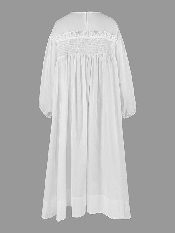 A-Line Long Sleeves Mesh Pleated See-Through Solid Color Split-Joint Round-Neck Midi Dresses