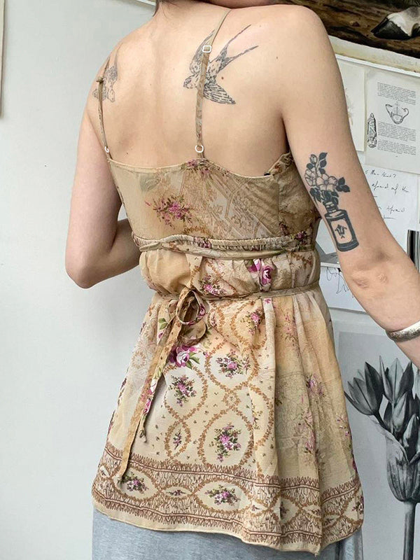 Loose Sleeveless Buttoned Contrast Color Flower Print Tied Spaghetti-Neck Vest Top