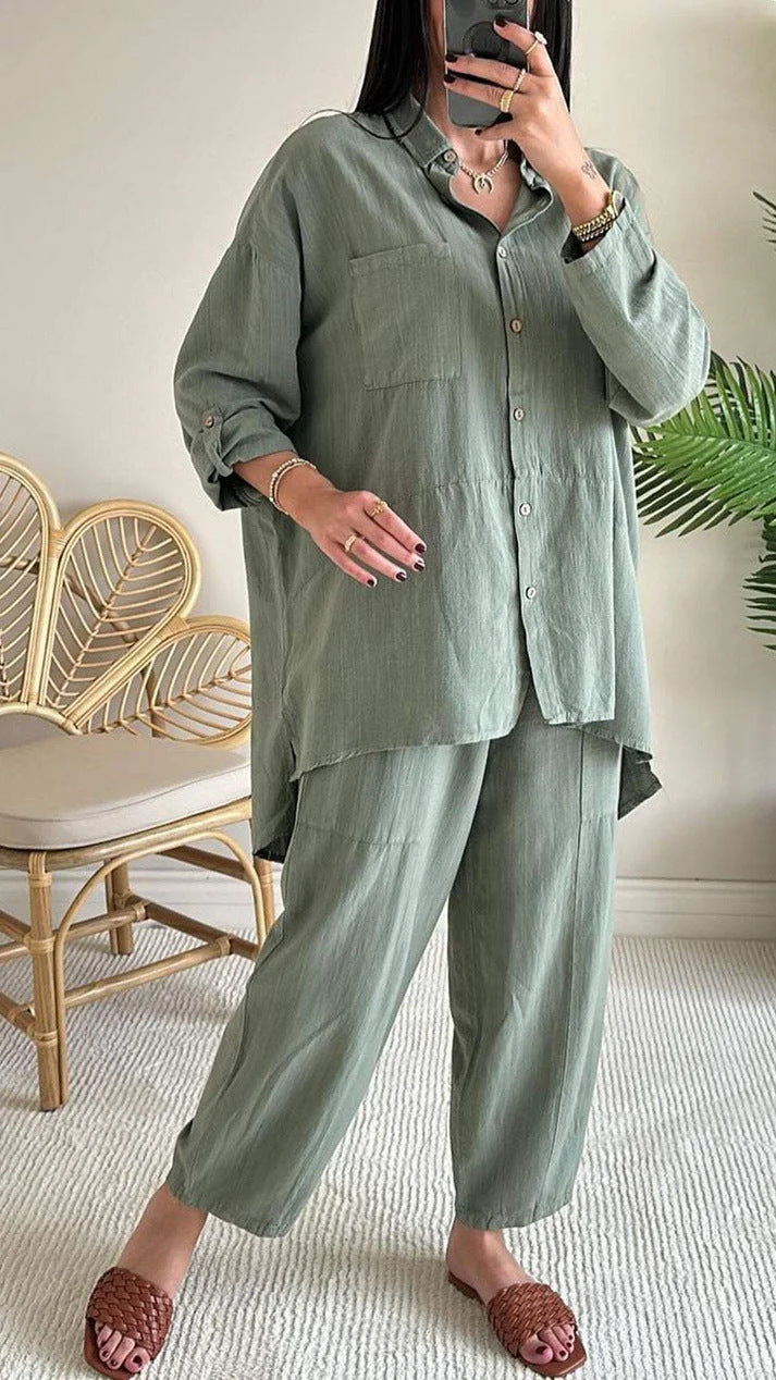 Casual Loose Lapel Shirt High Waist Trousers Two-piece Suit