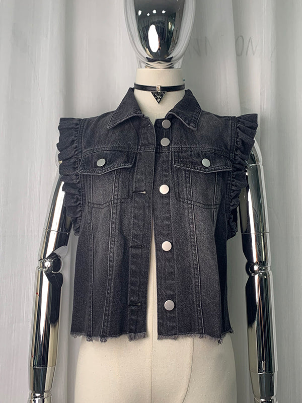 Loose Ruffle Sleeves Buttoned Fringed Pockets Split-Joint Lapel Vest Outerwear
