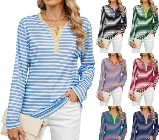 Autumn and winter New V-neck contrast color striped loose long sleeve women's T-shirt tops