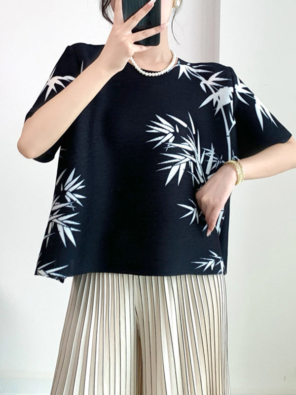A-Line Half Sleeves Pleated Printed Round-Neck T-Shirts Tops