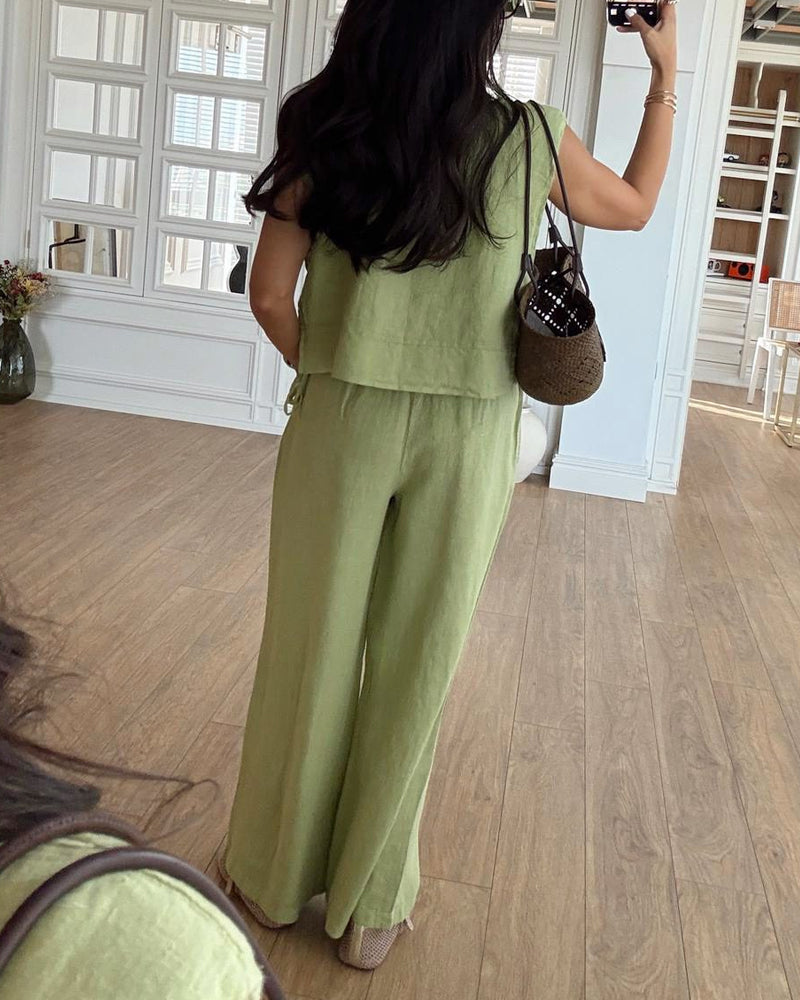 Casual Round Neck Lace-Up Sleeveless Top & Pants Two-Piece Set