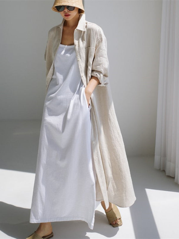 Simple Cotton Linen Long Sleeve Midi Dress