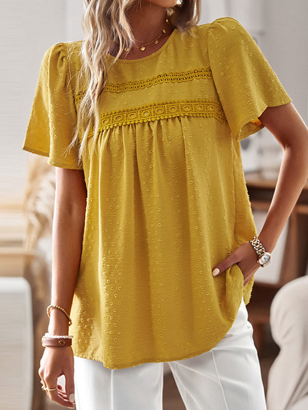 Loose Short Sleeves Hollow Jacquard Pleated Solid Color Split-Joint Round-Neck T-Shirts Tops