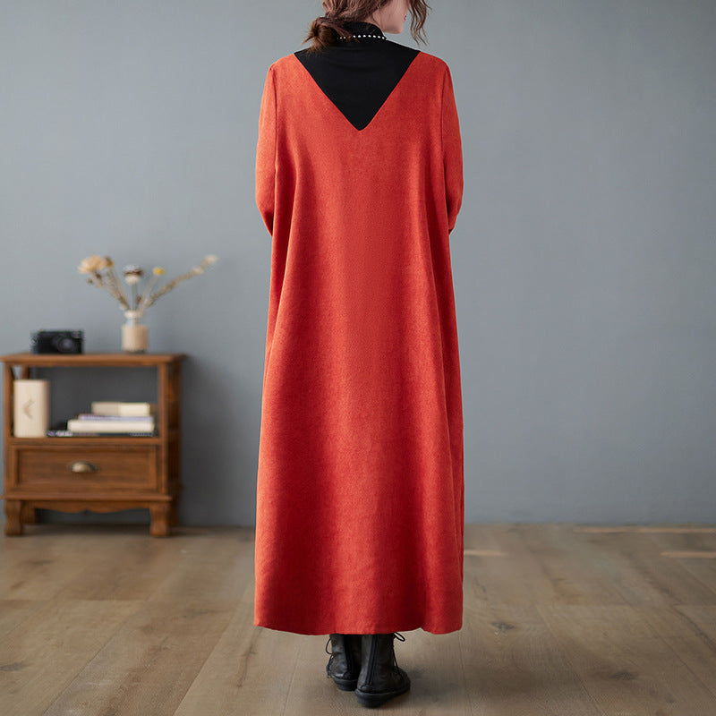 Literary Splicing Knit High Collar Midi Dress