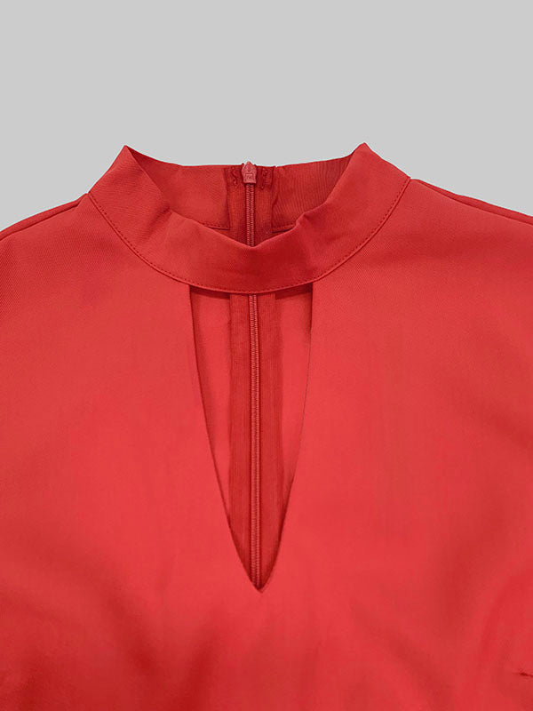 Long Sleeves Loose Buttoned Hollow Solid Color Split-Joint Round-Neck Maxi Dresses