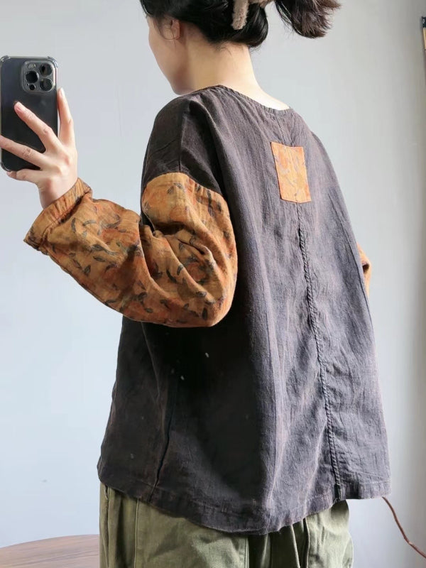 Literary Vintage Splicing Printed Round Neck T-shirt