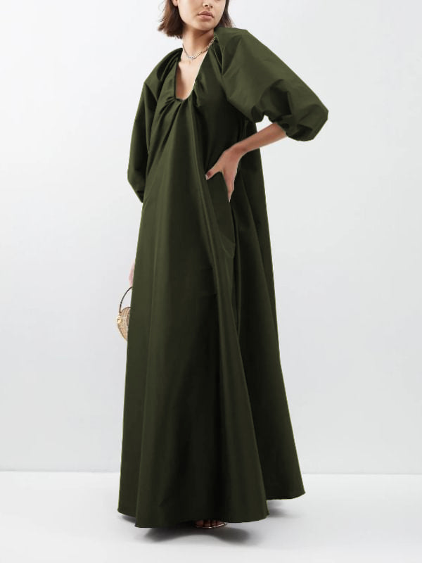 V-Neck Solid Color Puffy Sleeves Loose Maxi Dress