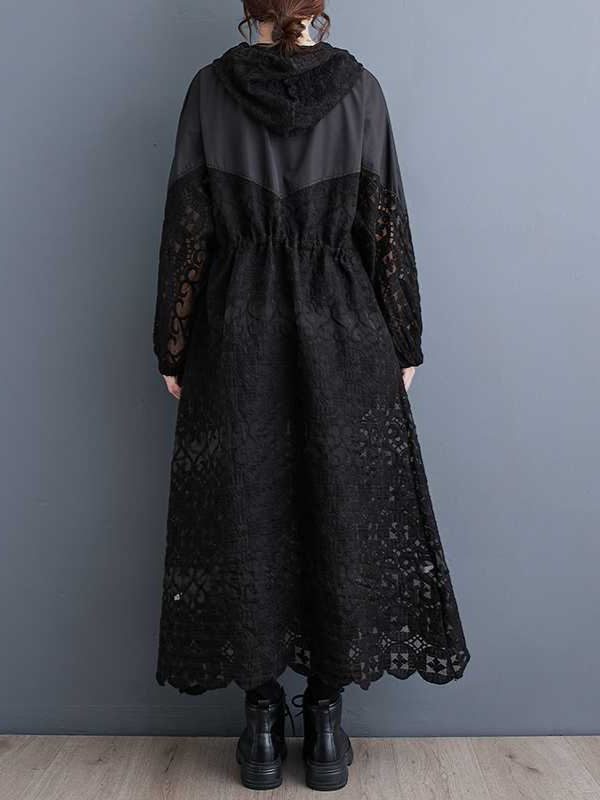 Casual Spliced Hollow Lace Hooded Trench Coat