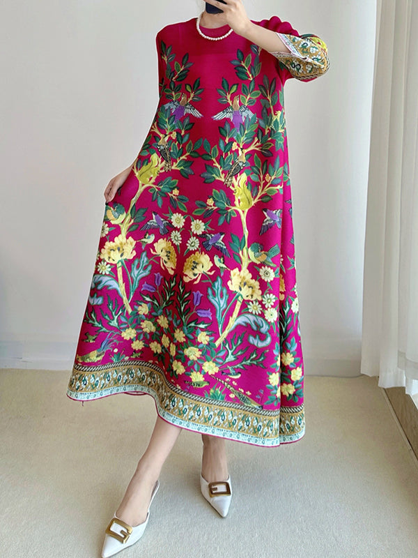A-Line Loose Flower Print Pleated Round-Neck Midi Dresses