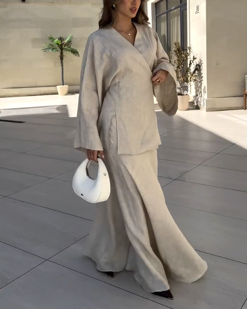 Casual V-Neck Split Shirt & Skirt Two-Piece Set