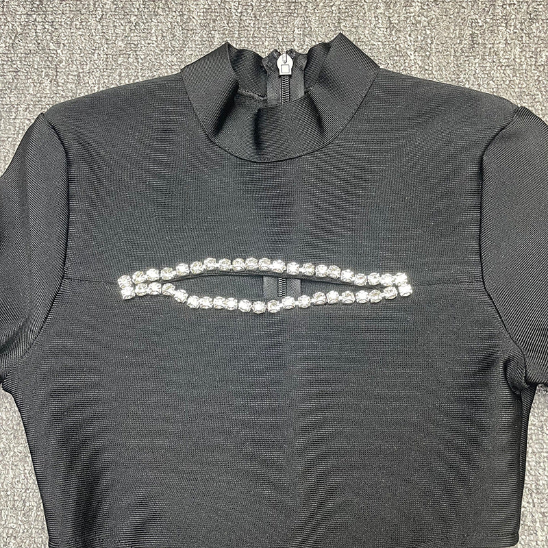 Bandage women's round neck long sleeve sexy cutout diamond color matching tight bandage one-piece dress evening dress