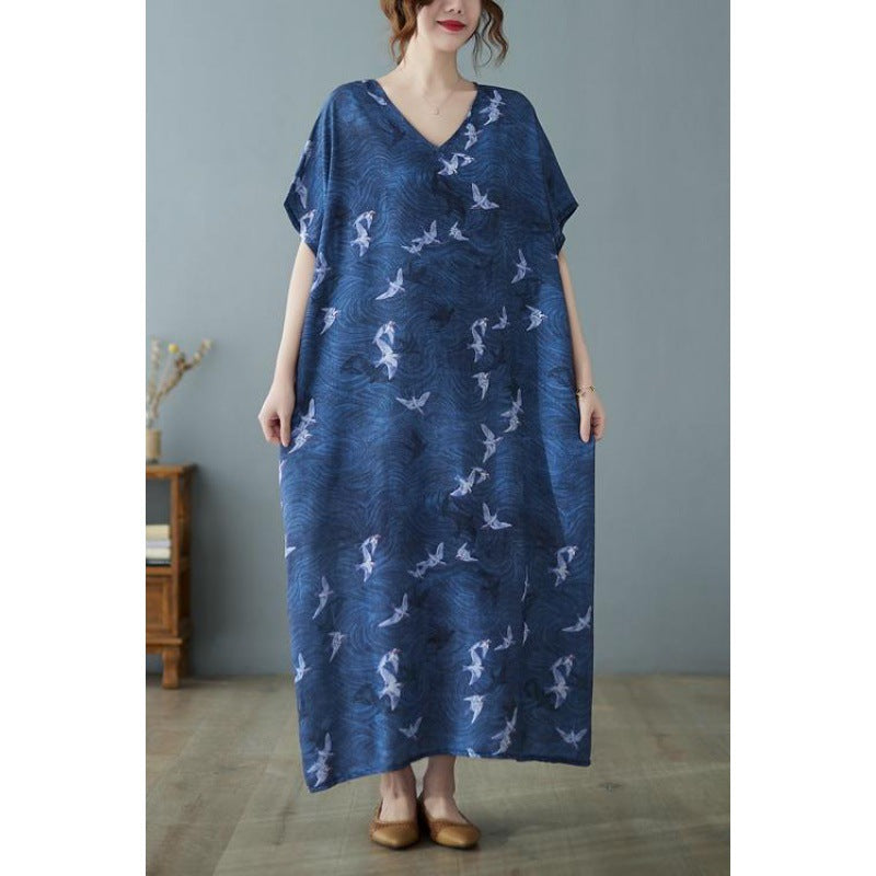 Vintage Print V-neck Short Sleeve Maxi Dress