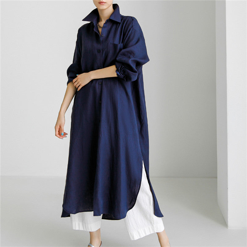 Simple Cotton Linen Long Sleeve Midi Dress