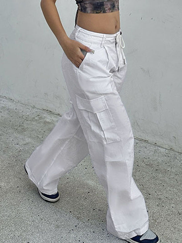 Loose Wide Leg Drawstring Pockets Solid Color Pants Trousers