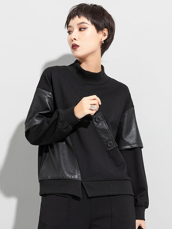 Thicken PU Split-Joint False-Two Asymmetric Sweatshirt